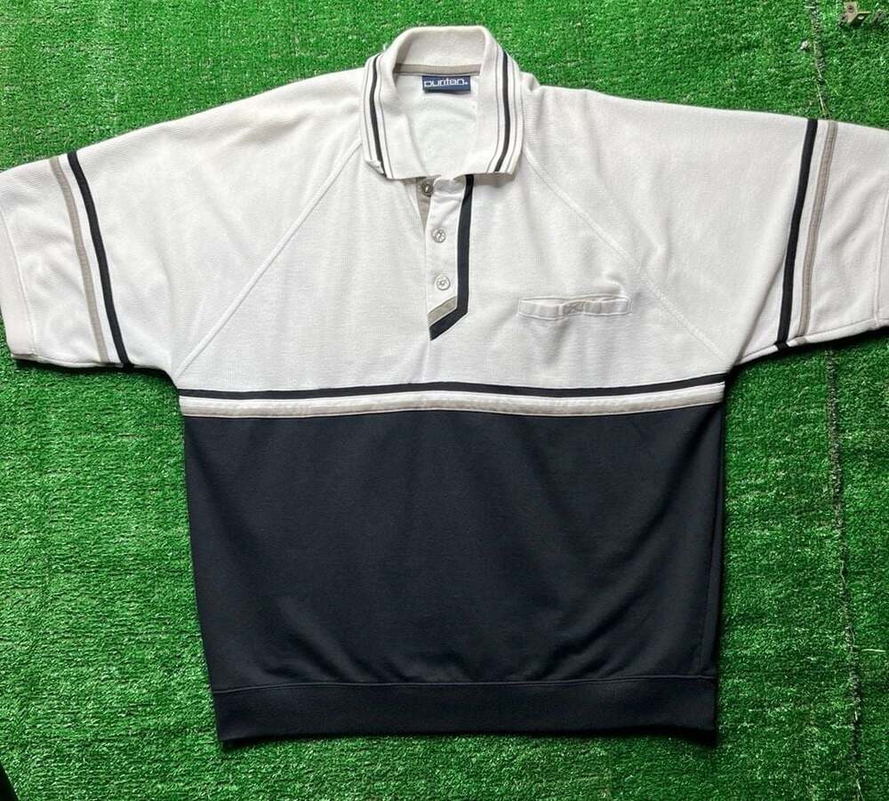 Vintage Puritan Color Block Short Sleeve Polo Shirt Black Cream Striped Pullover